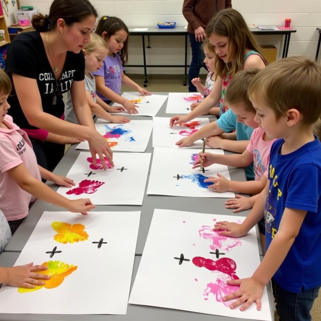 Preschoolers Creating Footprint Butterfly Art