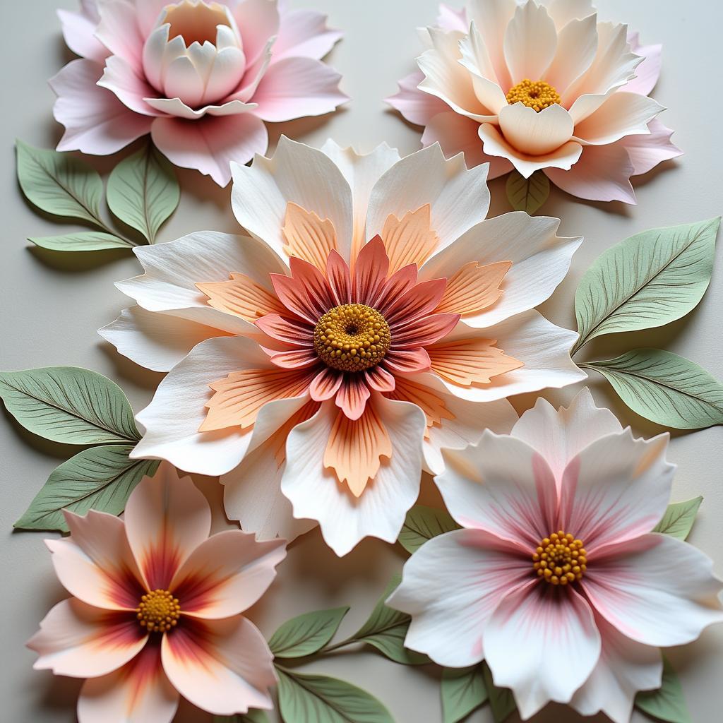 Pressed paper art featuring delicate floral designs created by layering and pressing various types of paper.