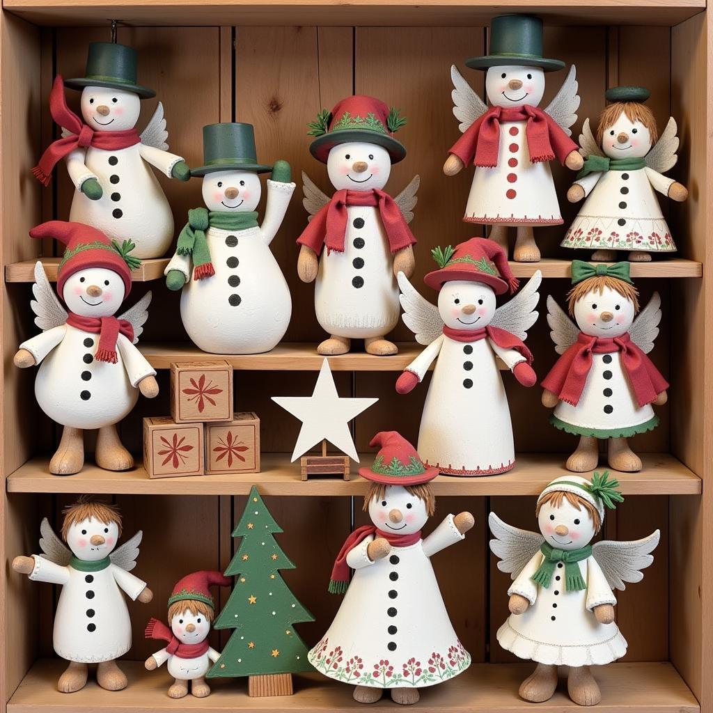 Hand-painted wooden ornaments depicting traditional country Christmas figures, such as snowmen, stars, and angels.