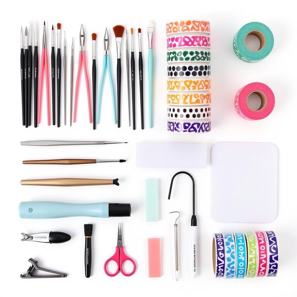 Professional nail art tool kit with brushes, dotting tools, and striping tape.