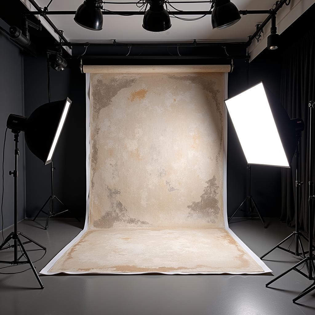 Professional Photography Studio Setup with Art Backdrop and Lighting Equipment