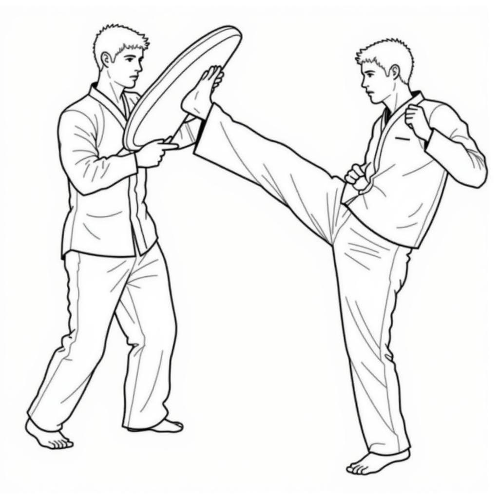 Demonstrating correct posture and grip for holding a kicking shield.