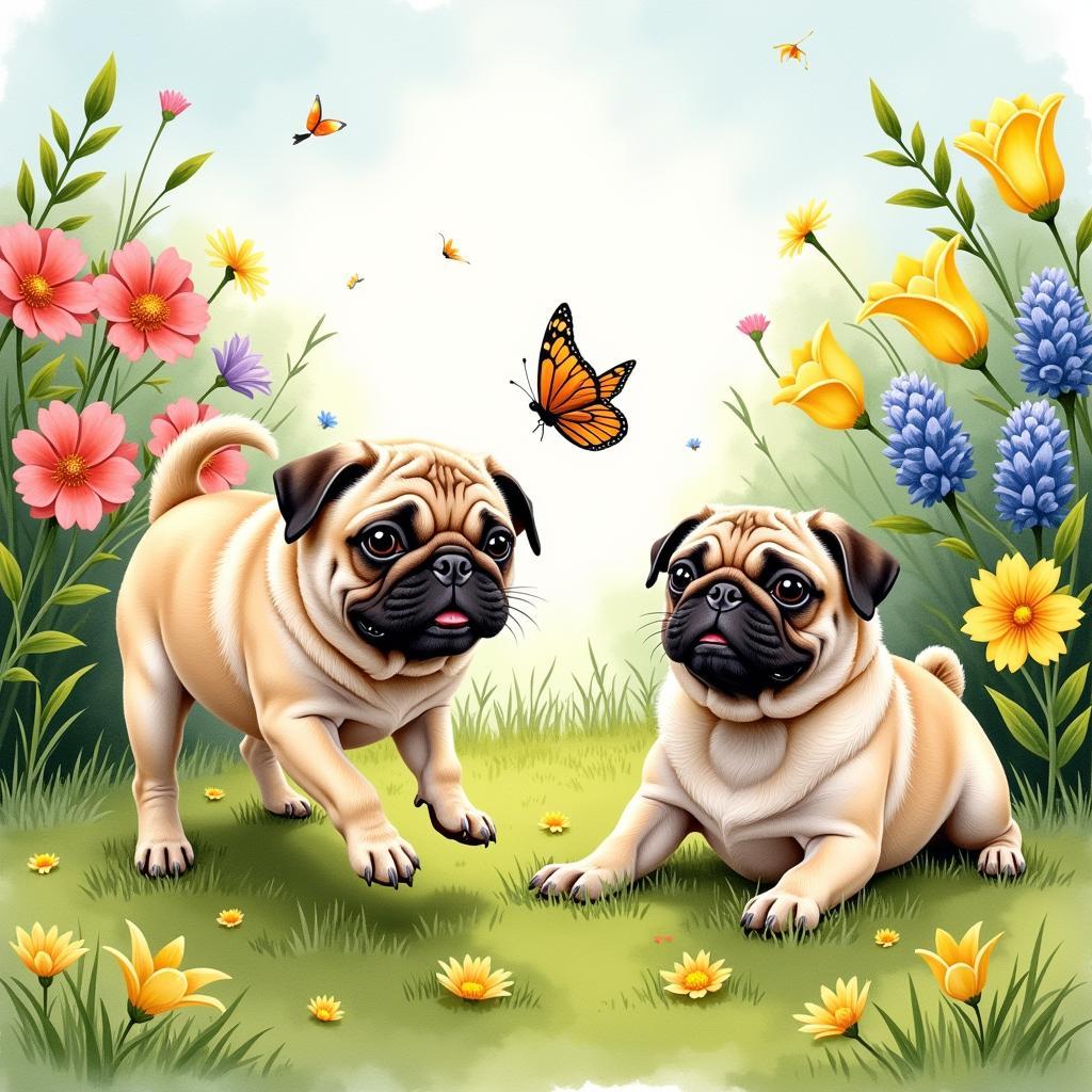 Pugs Playing in a Garden