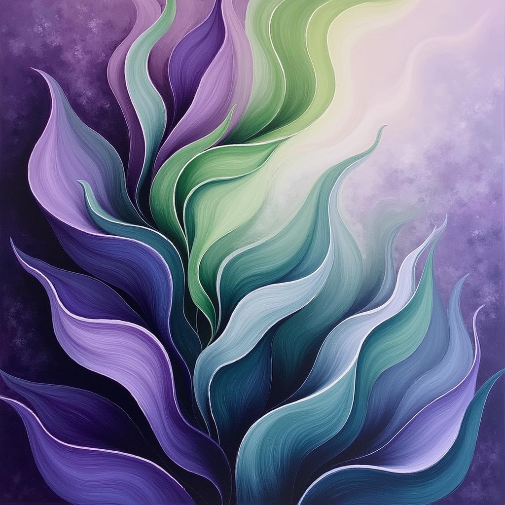 Abstract purple and green wall art depicting swirling colors and natural forms