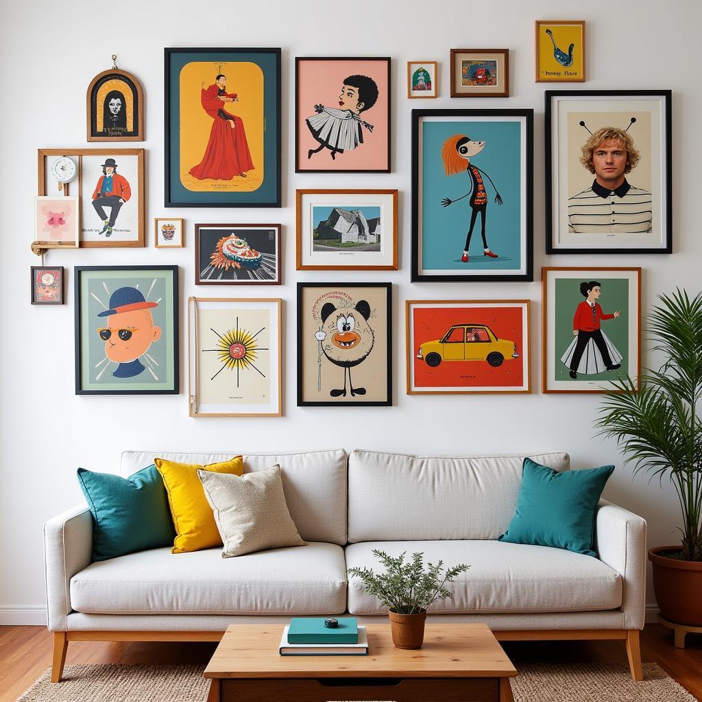 A gallery wall of quirky art prints.