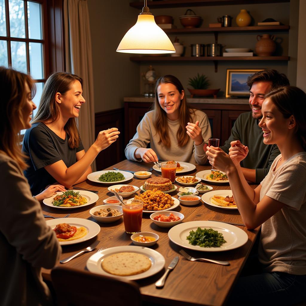 Radically casual dinner gathering with friends sharing food and laughter.