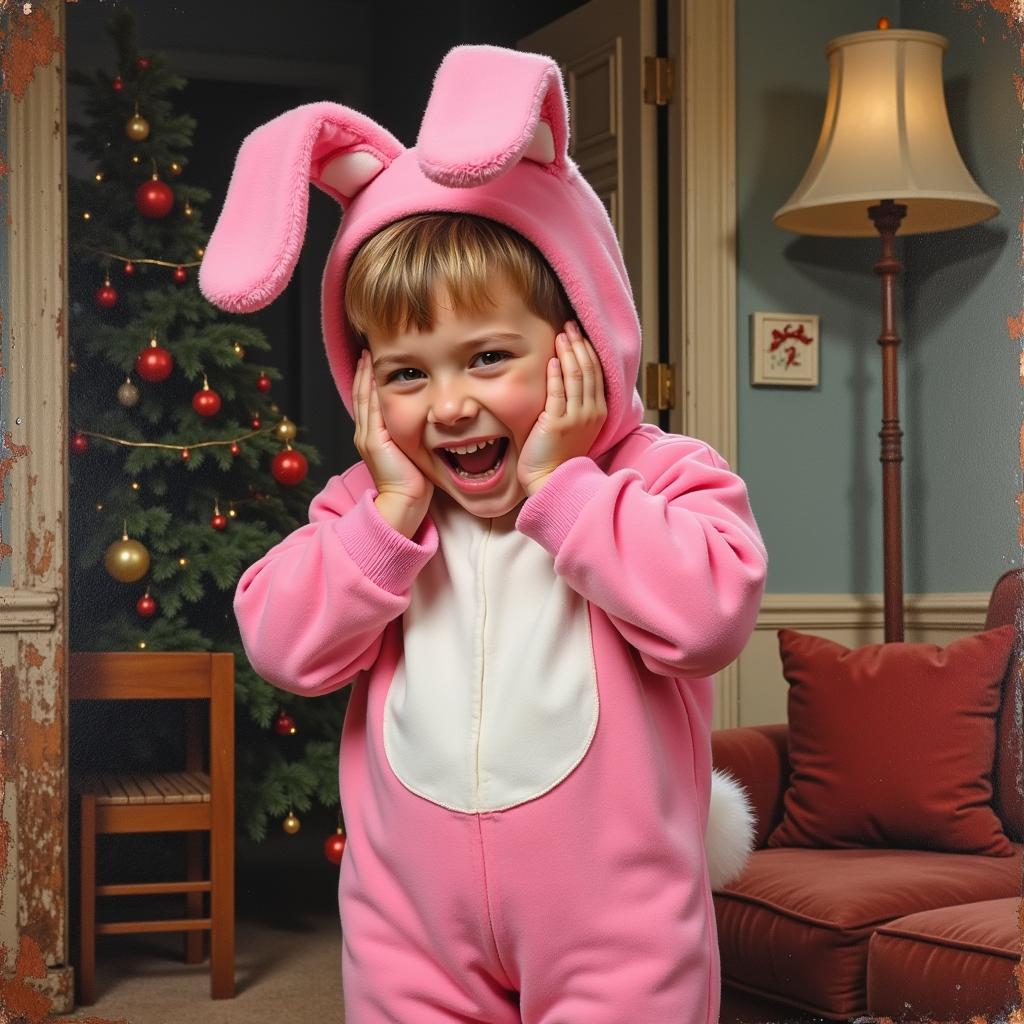 Ralphie in his pink bunny suit, a disgruntled expression on his face.