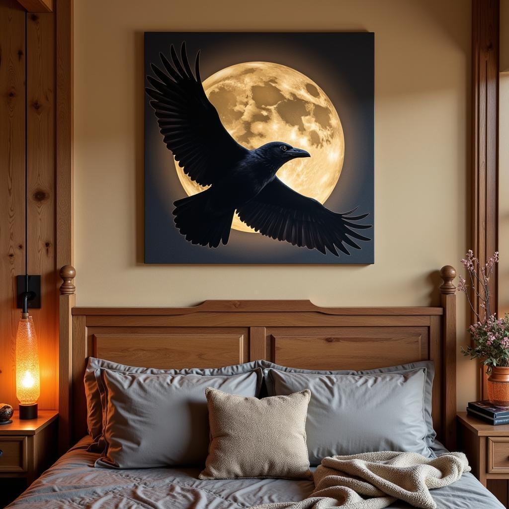 Raven canvas wall art in a bedroom