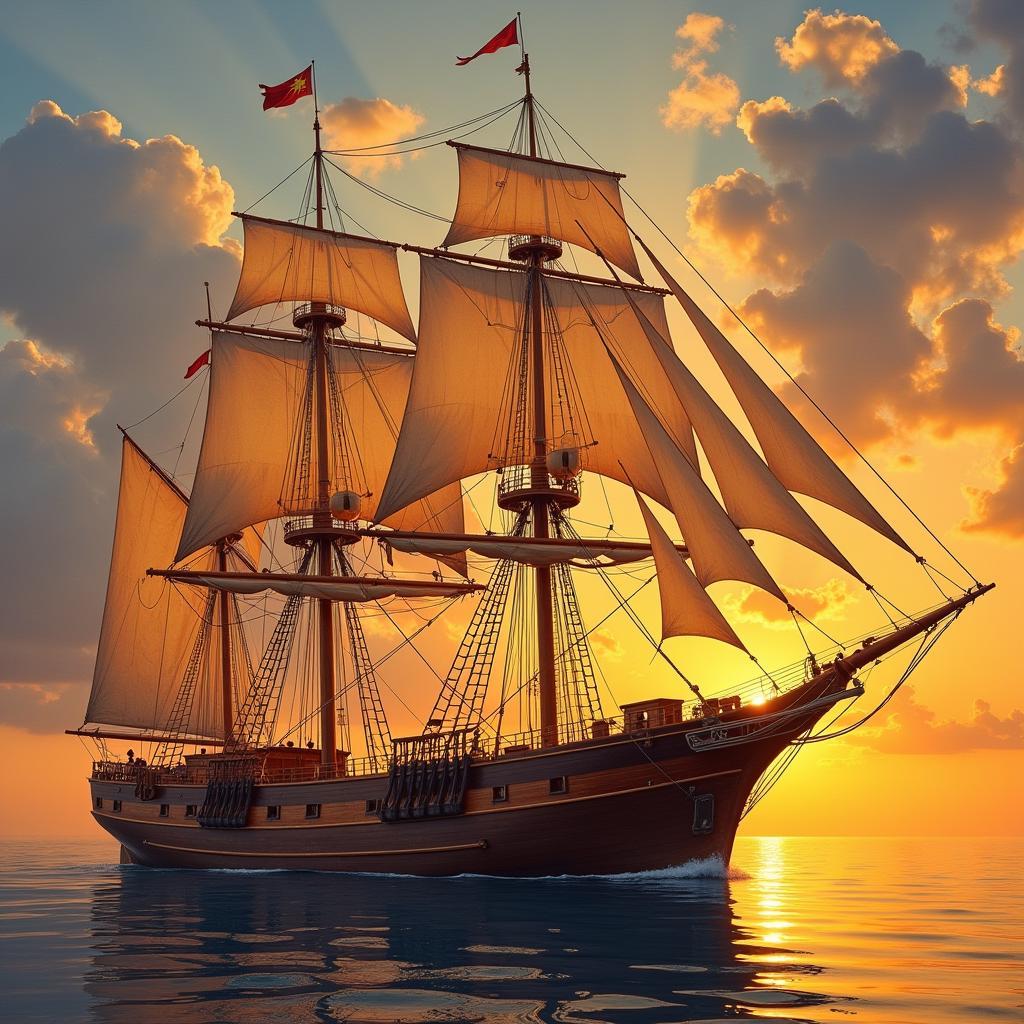 Realistic Boat Painting of a Sailing Ship at Sunset