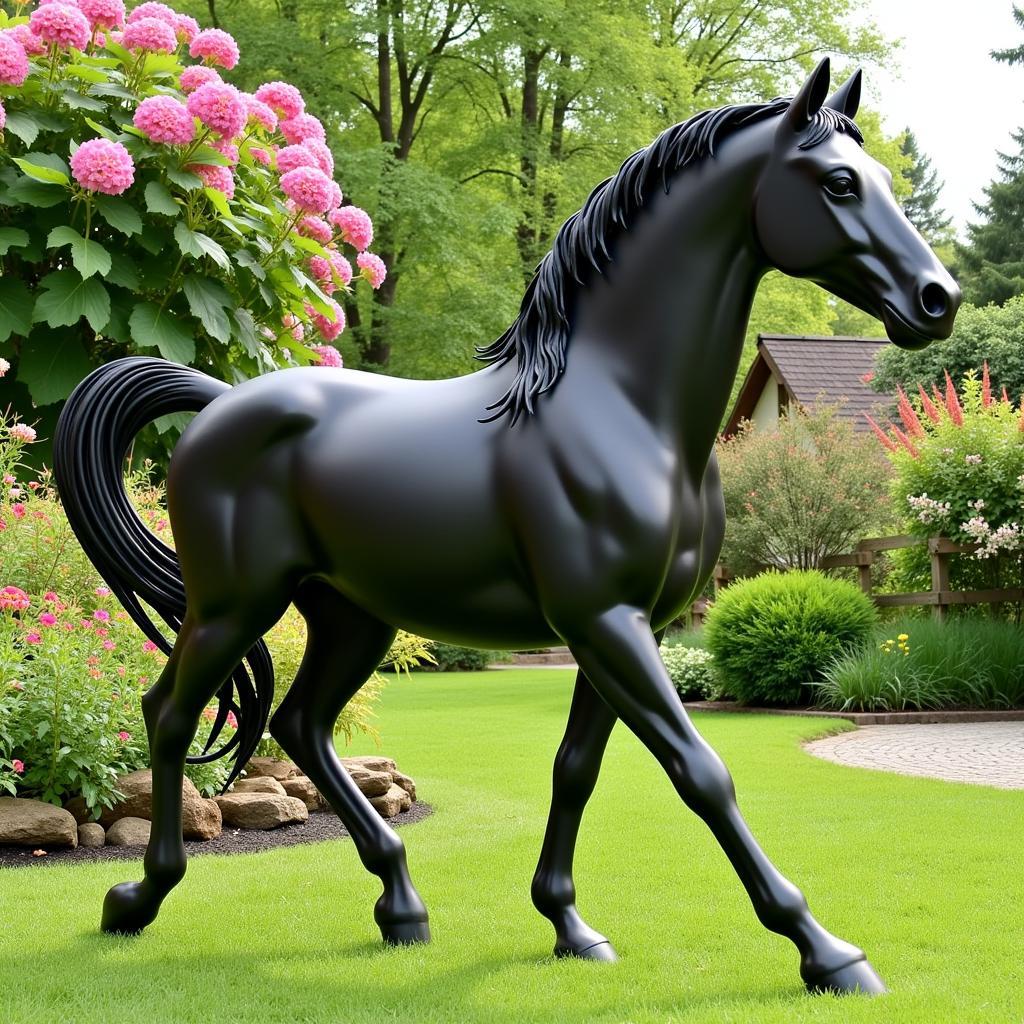 Realistic Horse Metal Yard Art Sculpture in a Garden Setting