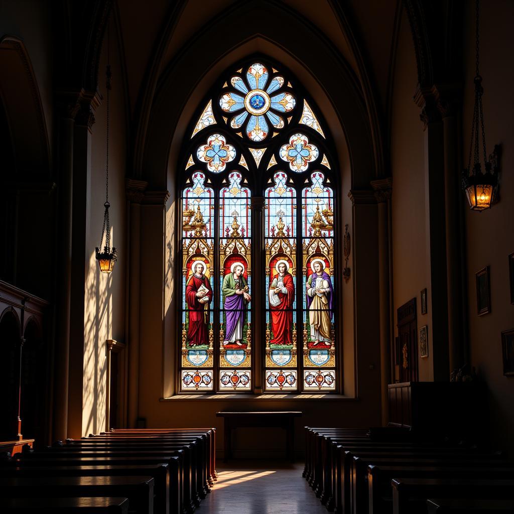 Stained glass window depicting biblical scenes in a grand cathedral