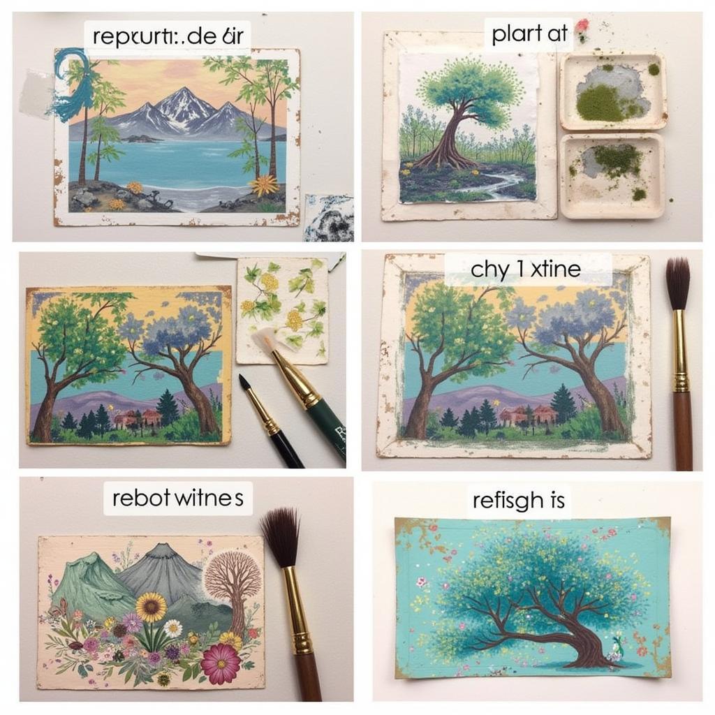 Repurposing Art Materials: A series of images demonstrating how to repurpose old art materials, such as turning old canvases into new ones, using leftover paint for mixed media projects, and cleaning and reshaping used brushes.