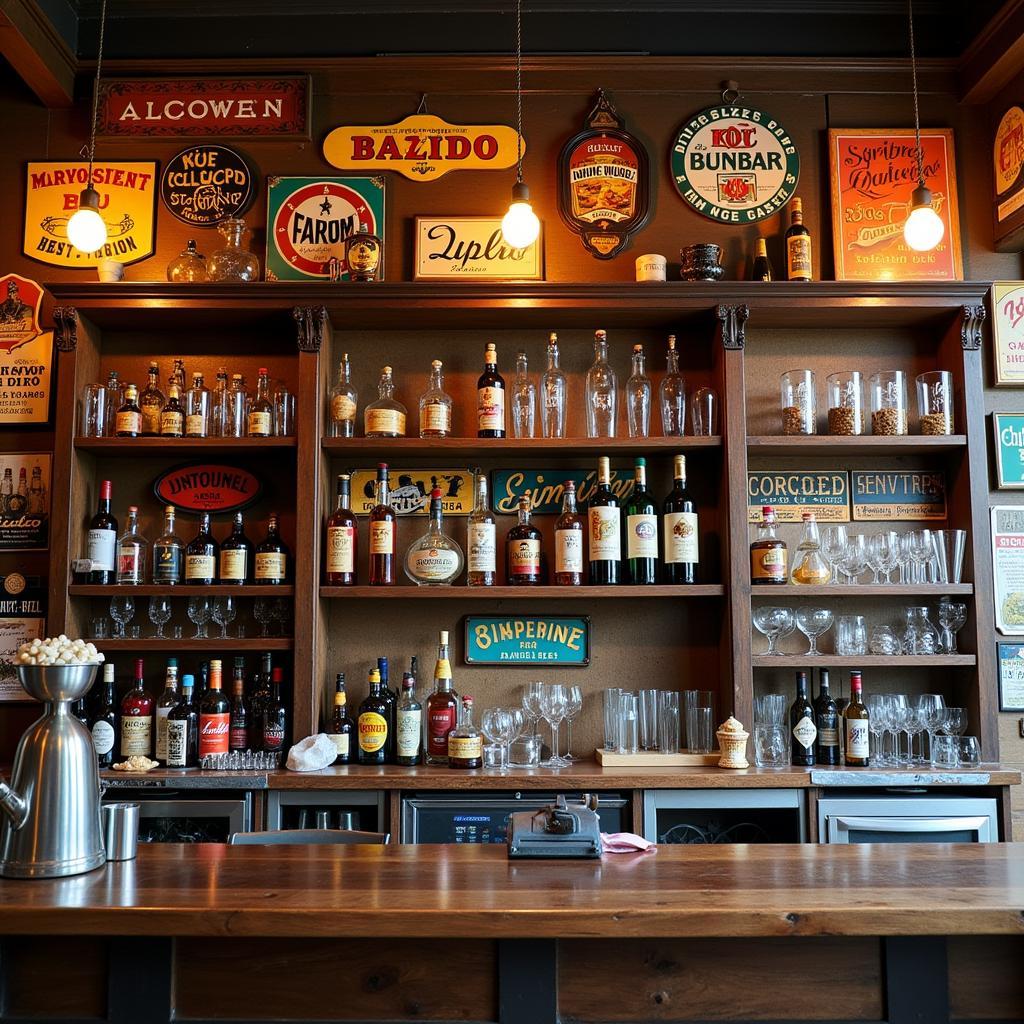 Rustic Bar Wall Art with Wooden Shelves and Vintage Signs