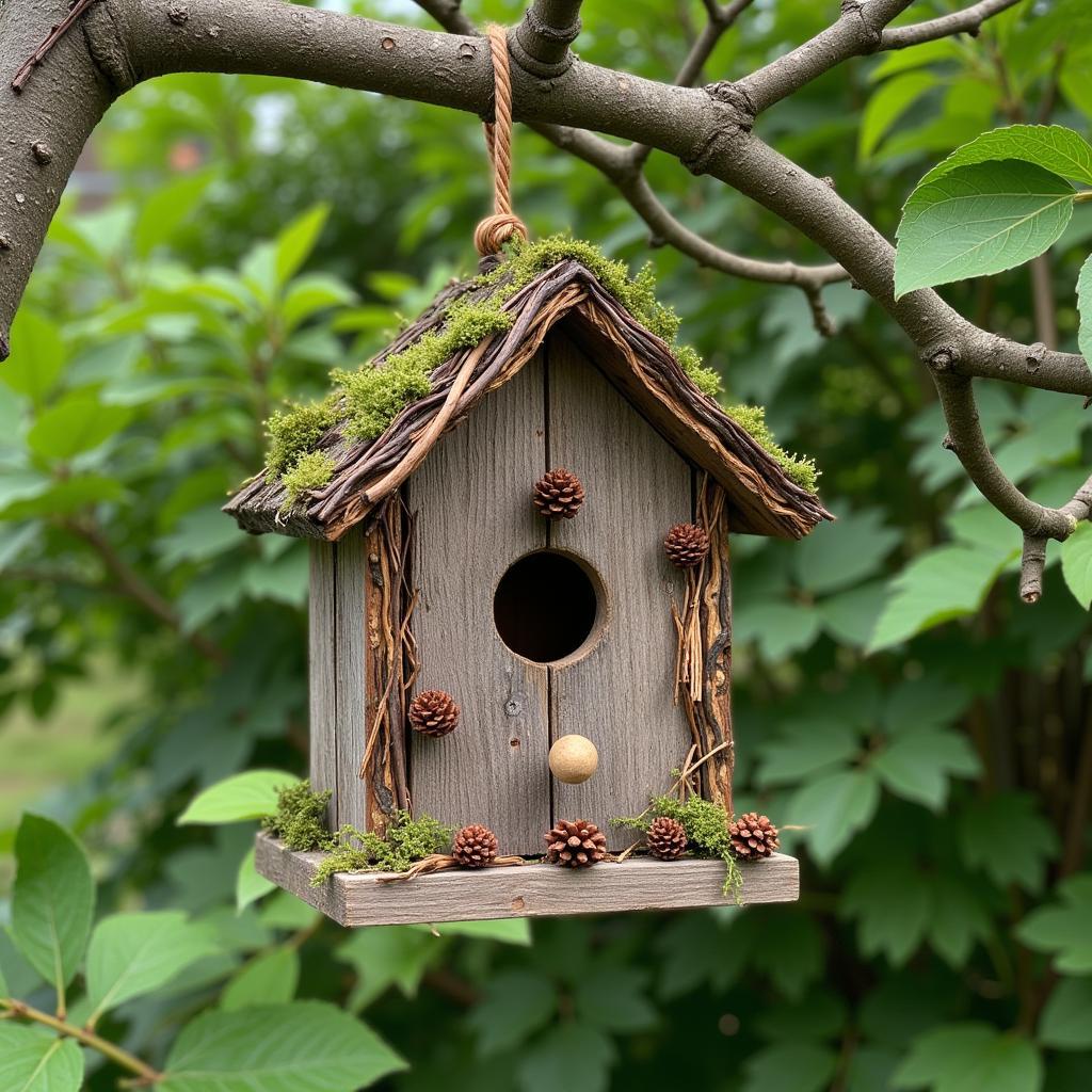 Rustic birdhouse decorated with twigs and moss