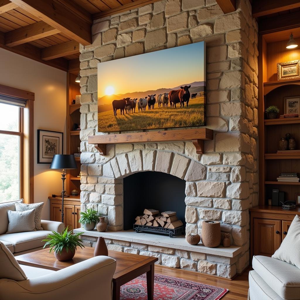 Cattle wall art in a rustic living room setting