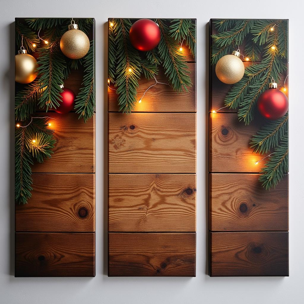 Three-piece canvas wall art depicting a rustic Christmas scene with vintage ornaments.