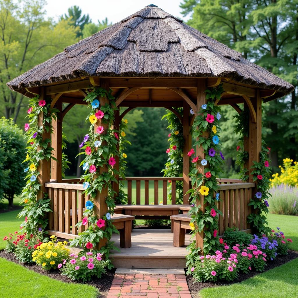 Rustic Gazebo with Garden Art Glass and Climbing Plants