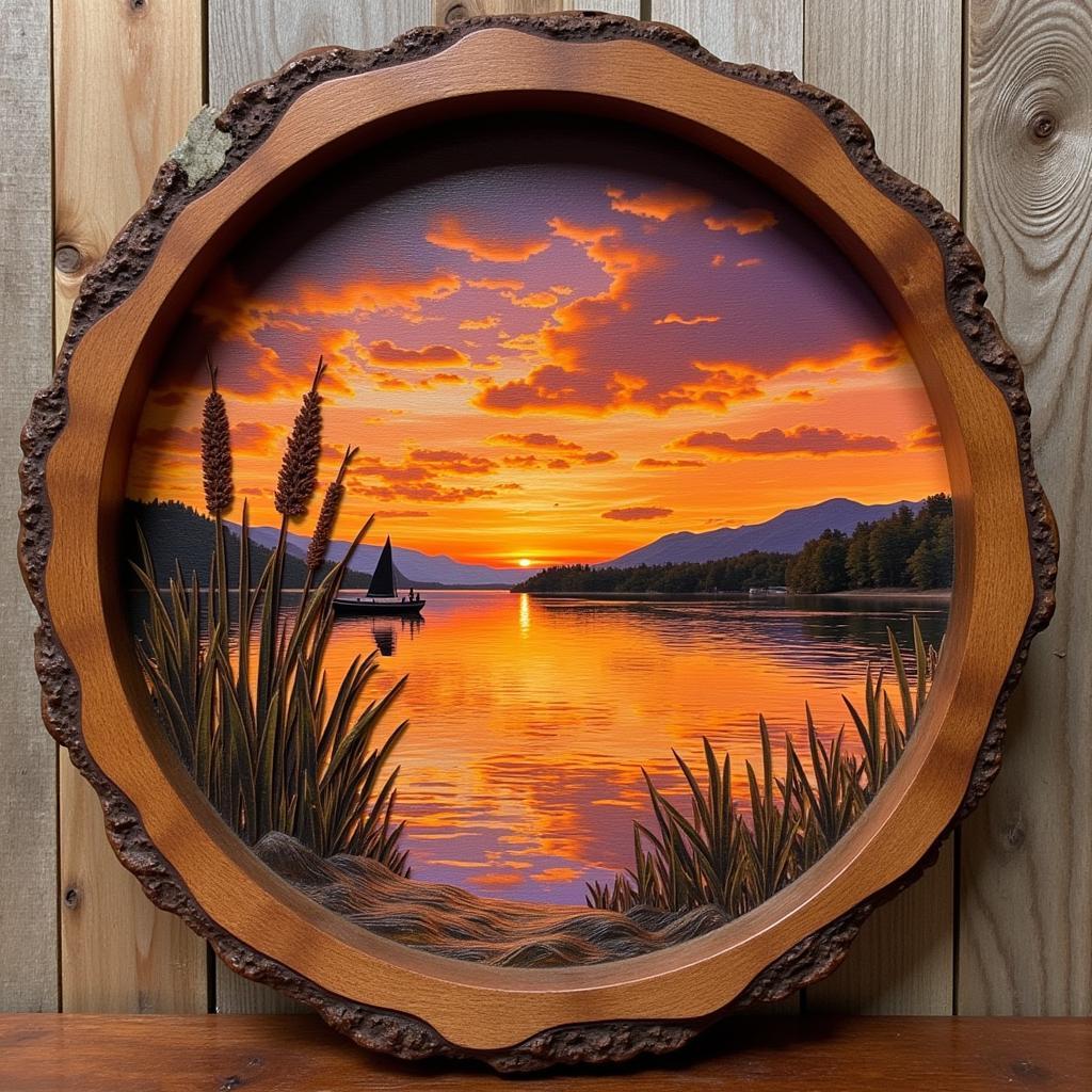 Rustic wooden art piece depicting a serene lake scene