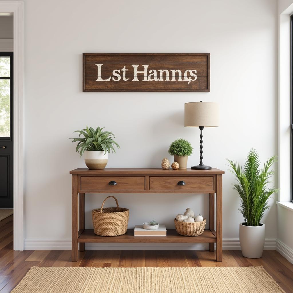 Rustic last name wall art displayed in a welcoming entryway.