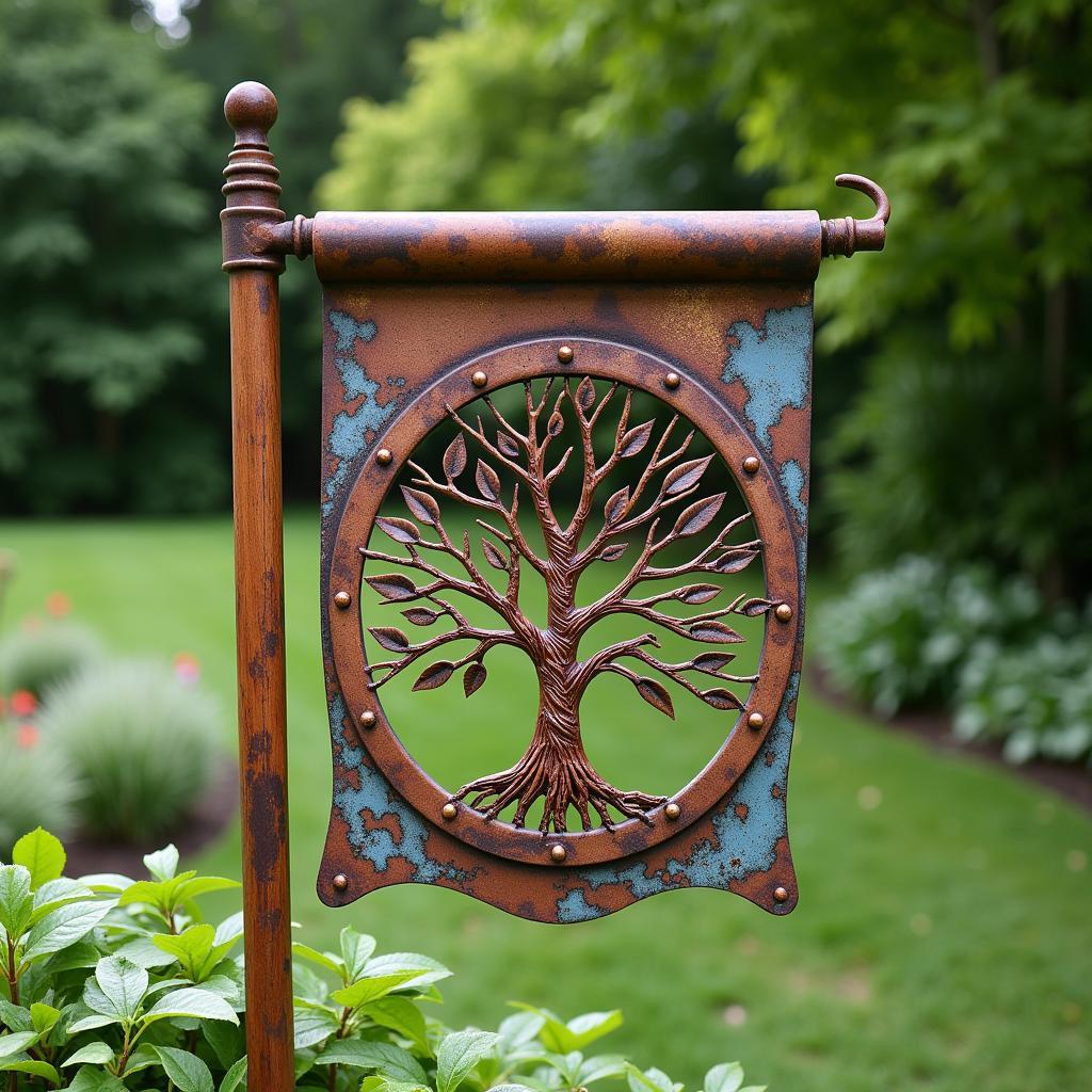 Rustic Metal Flag Displayed Outdoors in a Garden Setting