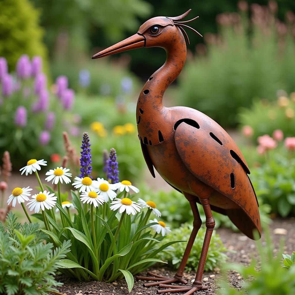 Rustic Metal Garden Sculpture in a Cottage Garden