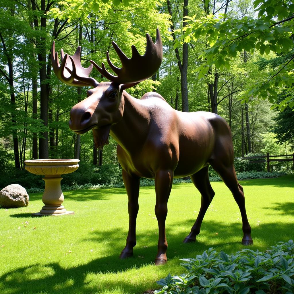 Rustic Moose Metal Sculpture in a Garden Setting