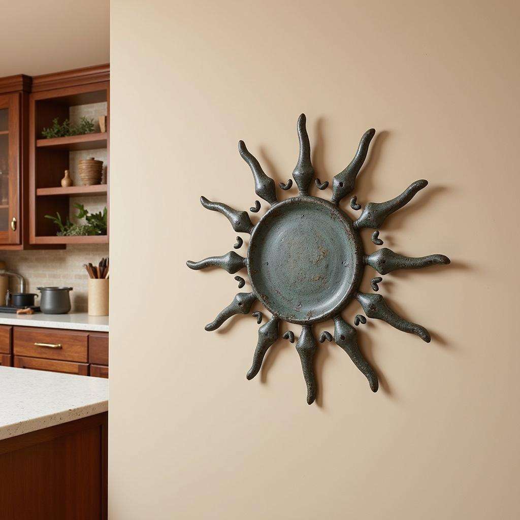 Rustic Sun Metal Wall Decor in a Farmhouse Kitchen