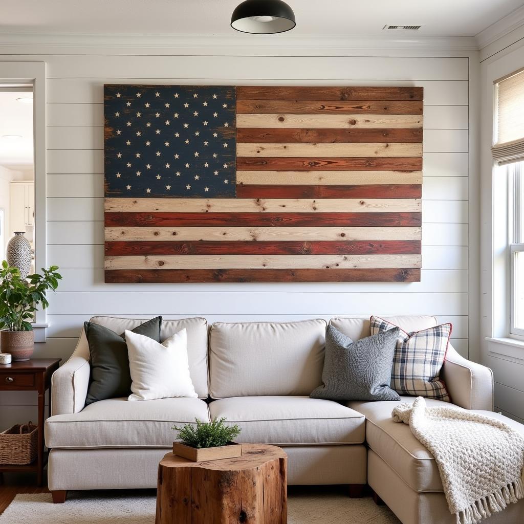 A rustic wooden American flag wall art hanging in a farmhouse-style living room.