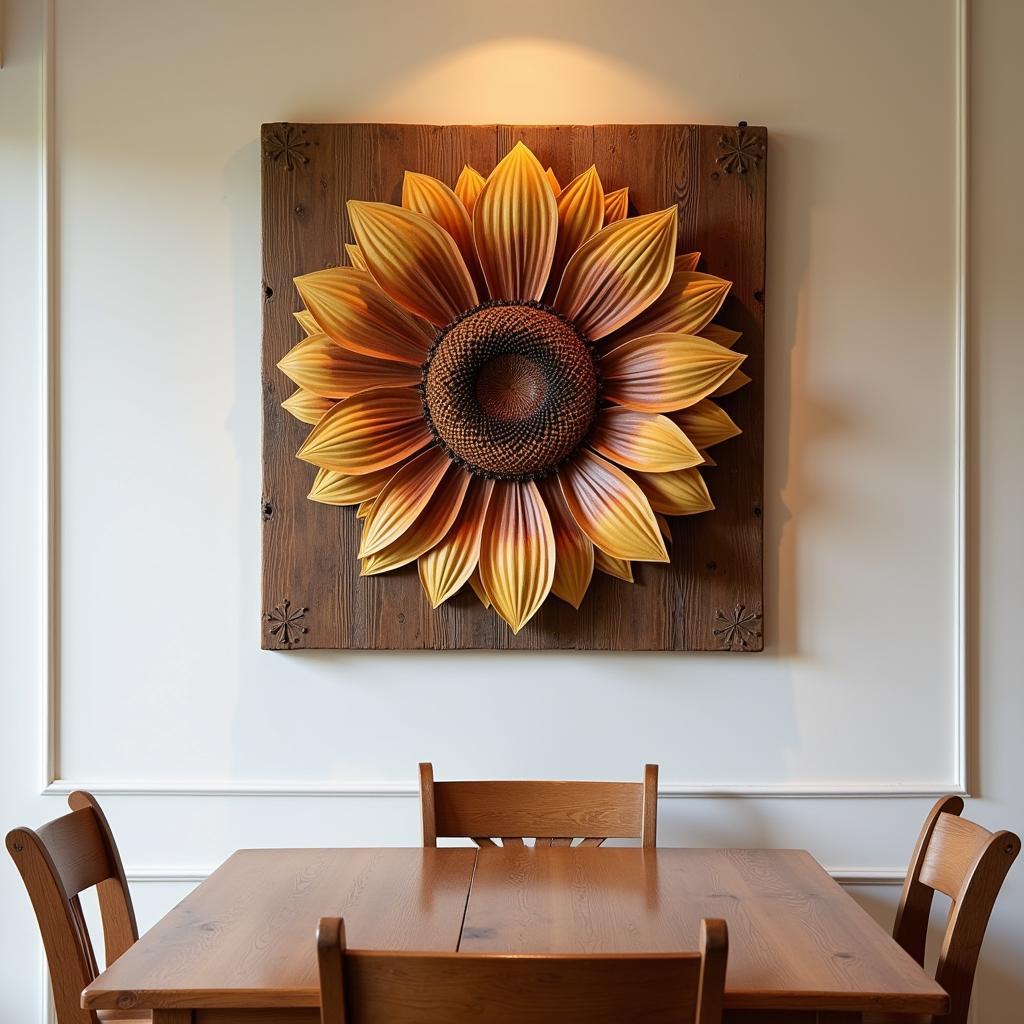 Rustic Wooden Sunflower Carving in Dining Room