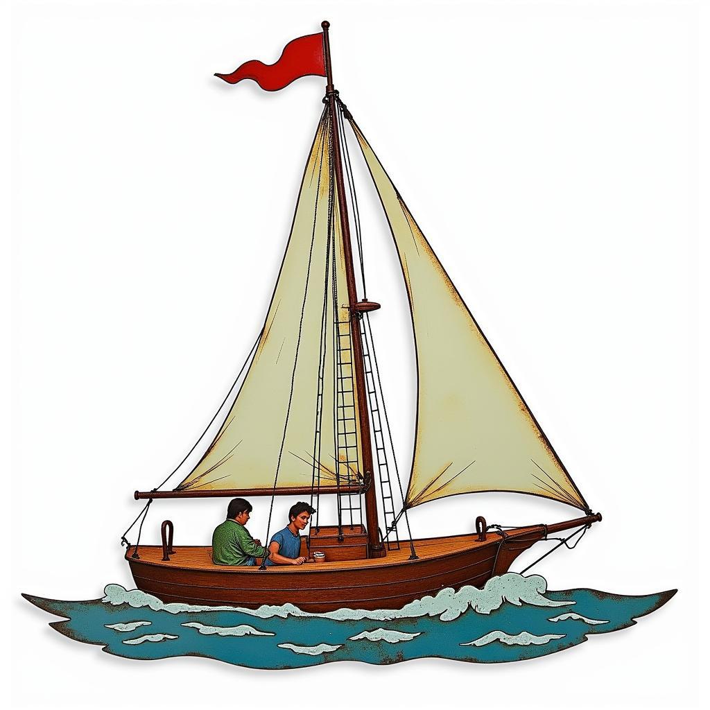 Metal sailboat wall art depicting a dynamic sailing scene with intricate details and vibrant colors