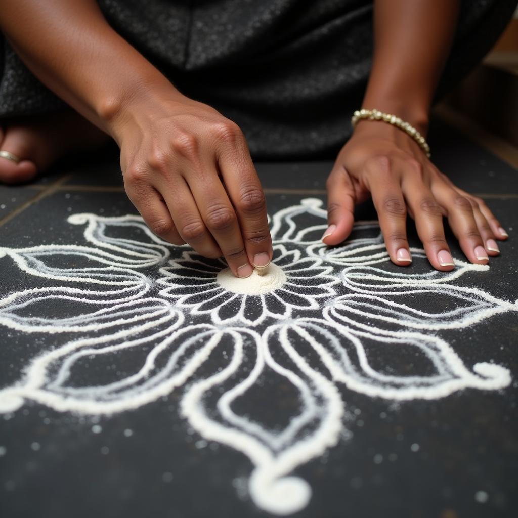 Sand Art Indian Artist Creating Kolam