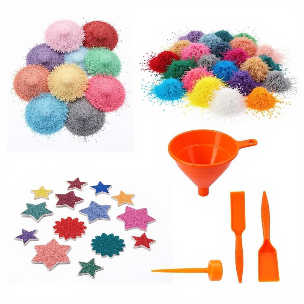 Sand sticker art materials, including colored sand, stickers, and tools.