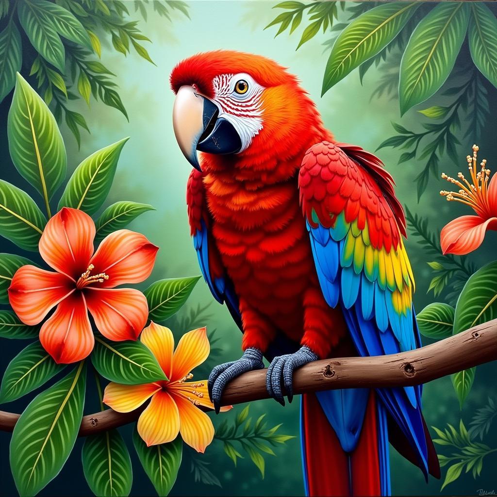 Scarlet Macaw Tropical Bird Art in Acrylics