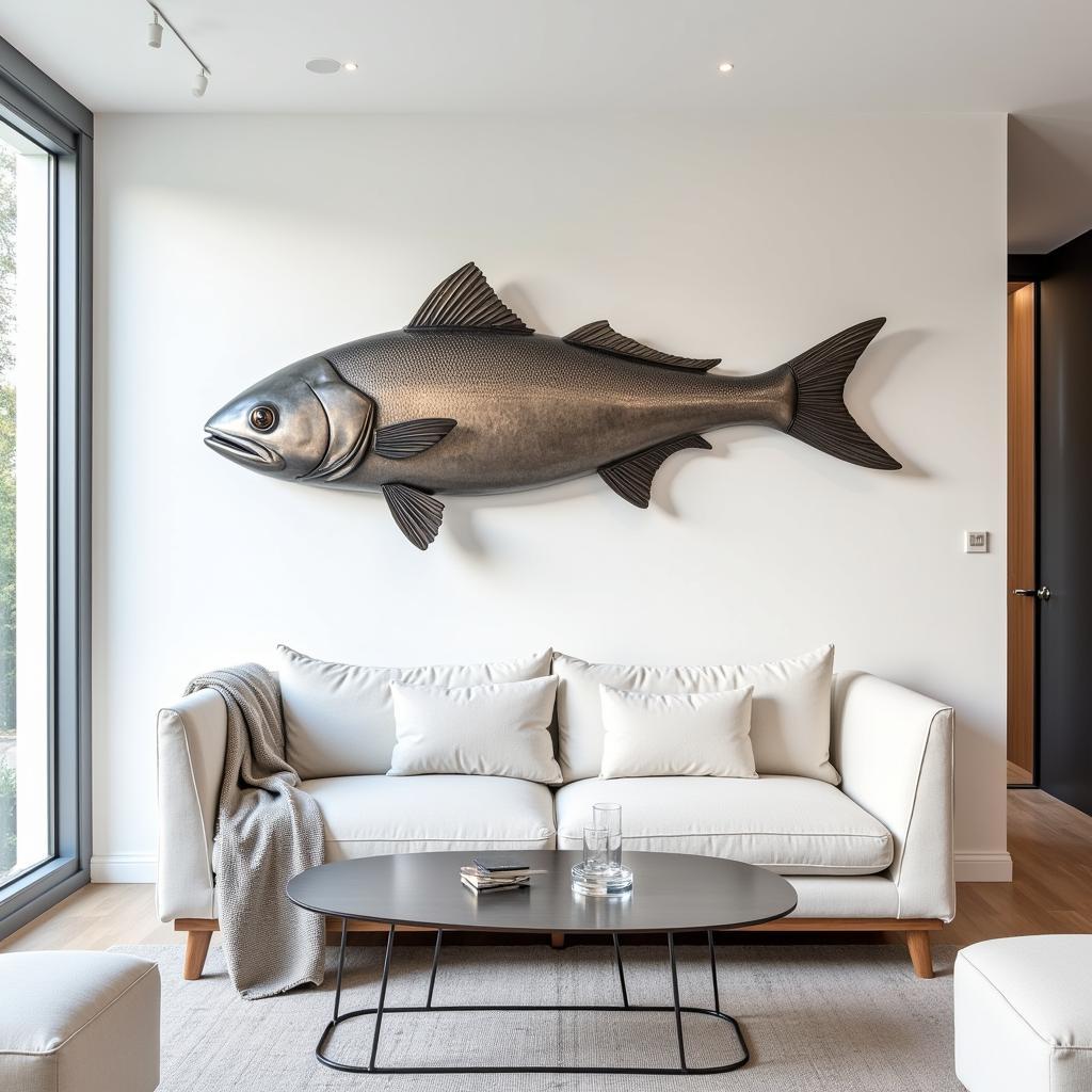 Modern Living Room with Schooling Fish Metal Wall Art