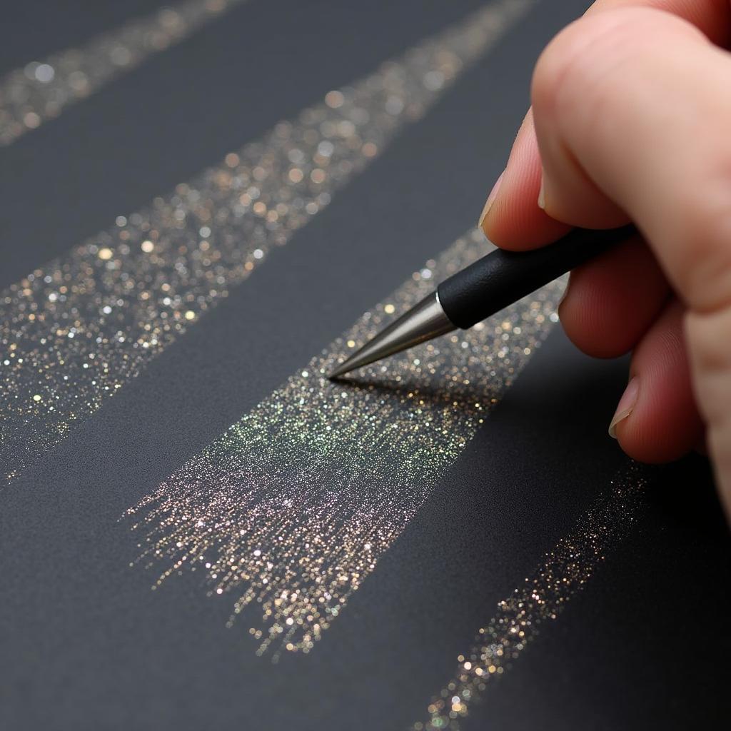 Close-up of an artist’s hand demonstrating different scratching techniques on a sparkle scratch board, showing variations in line weight and texture.