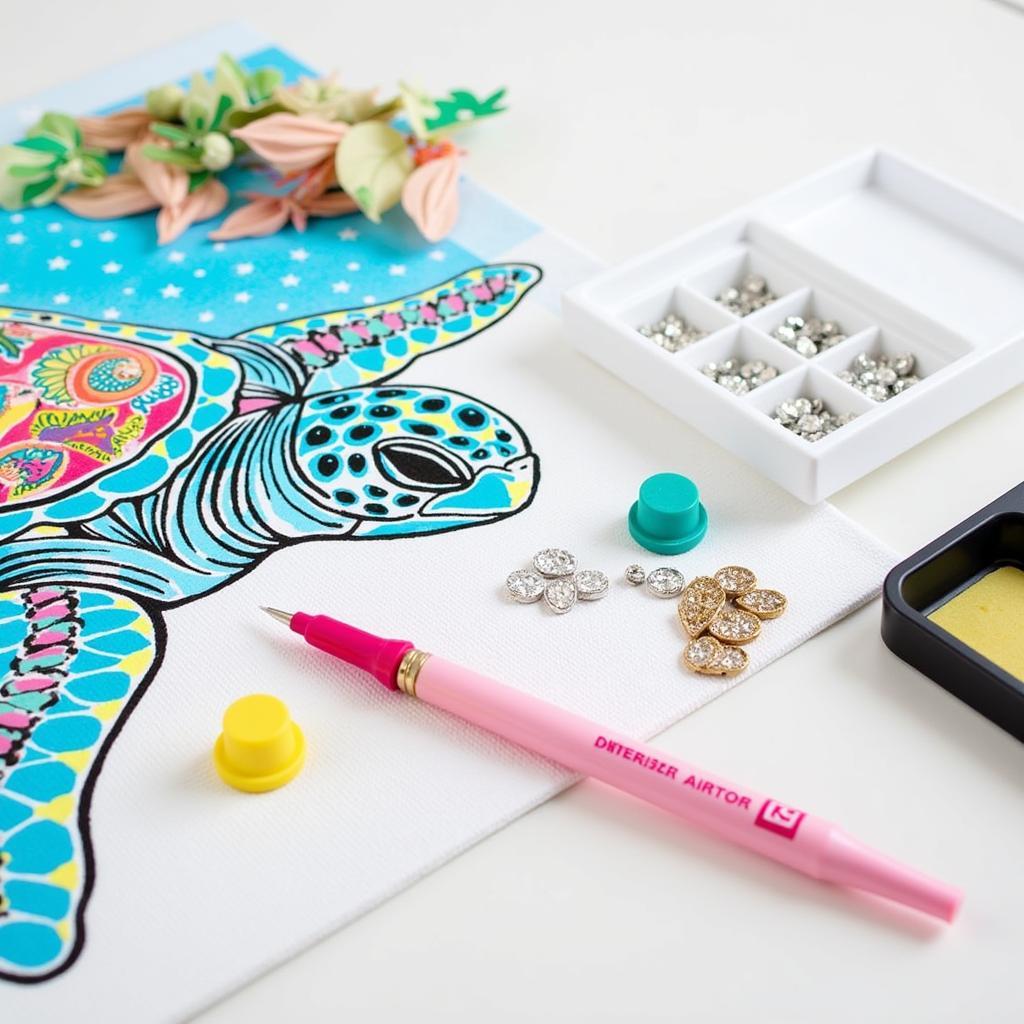 Close-up of a sea turtle diamond art kit showing the tools and diamonds