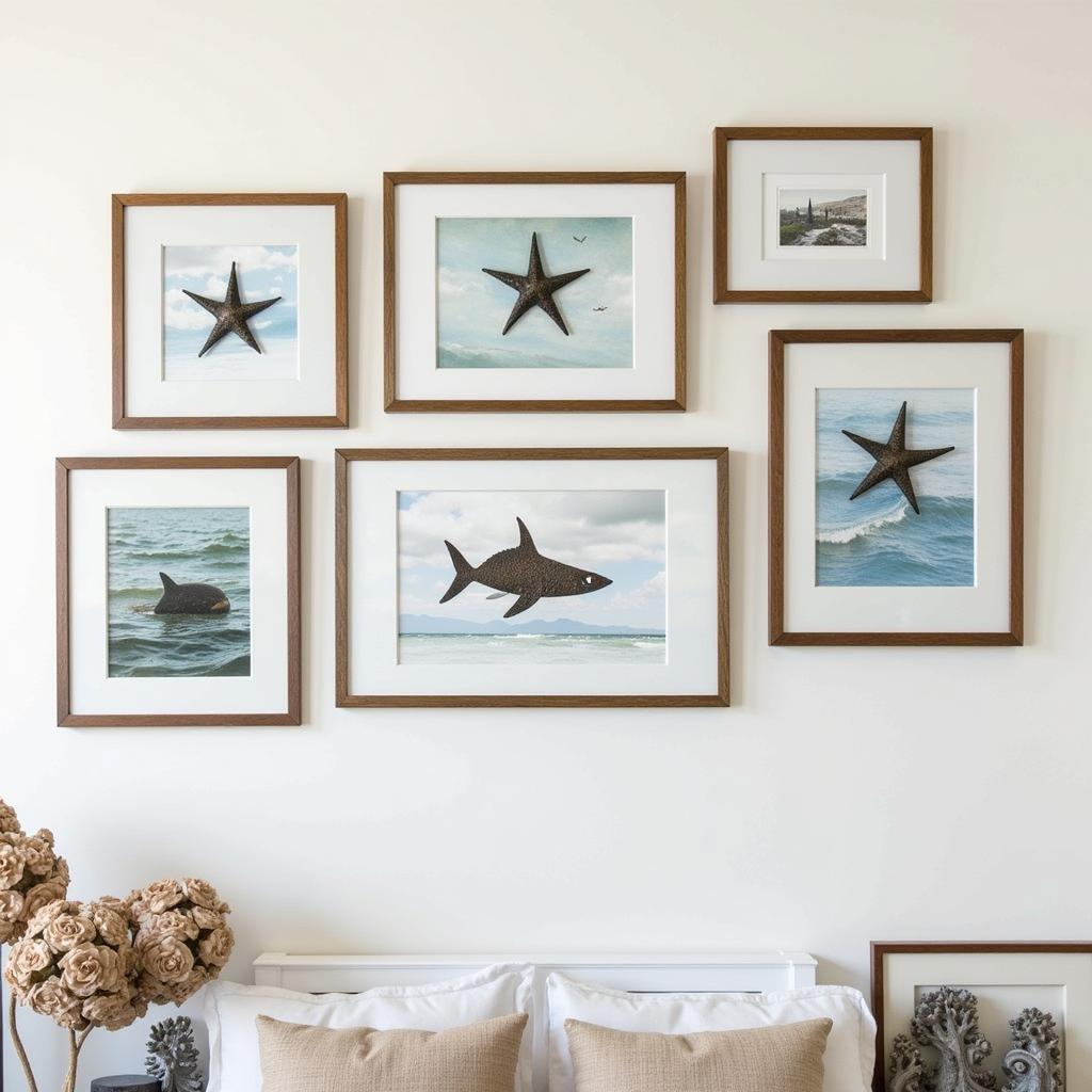 A gallery wall featuring various sea wall art pieces