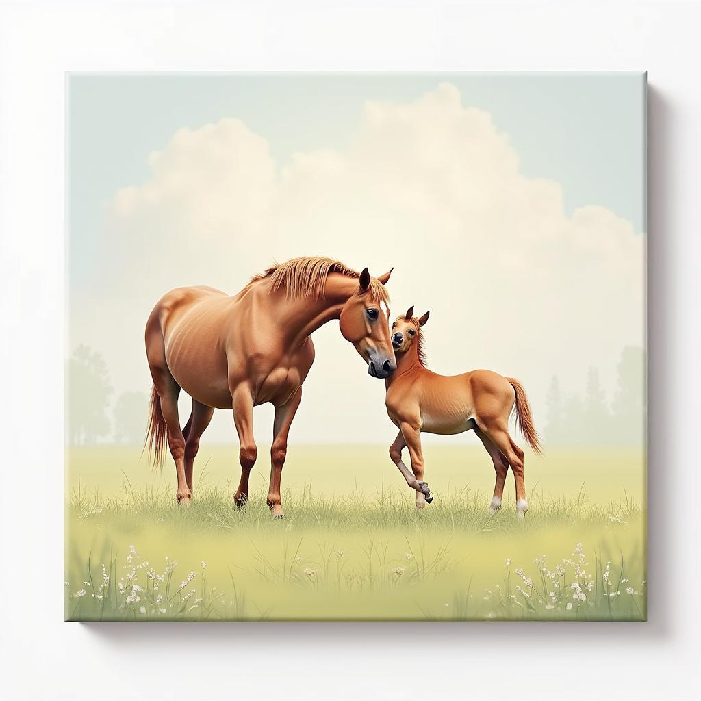 Serene Mare and Foal Canvas Print: A Touching Portrait of Motherhood in the Animal Kingdom