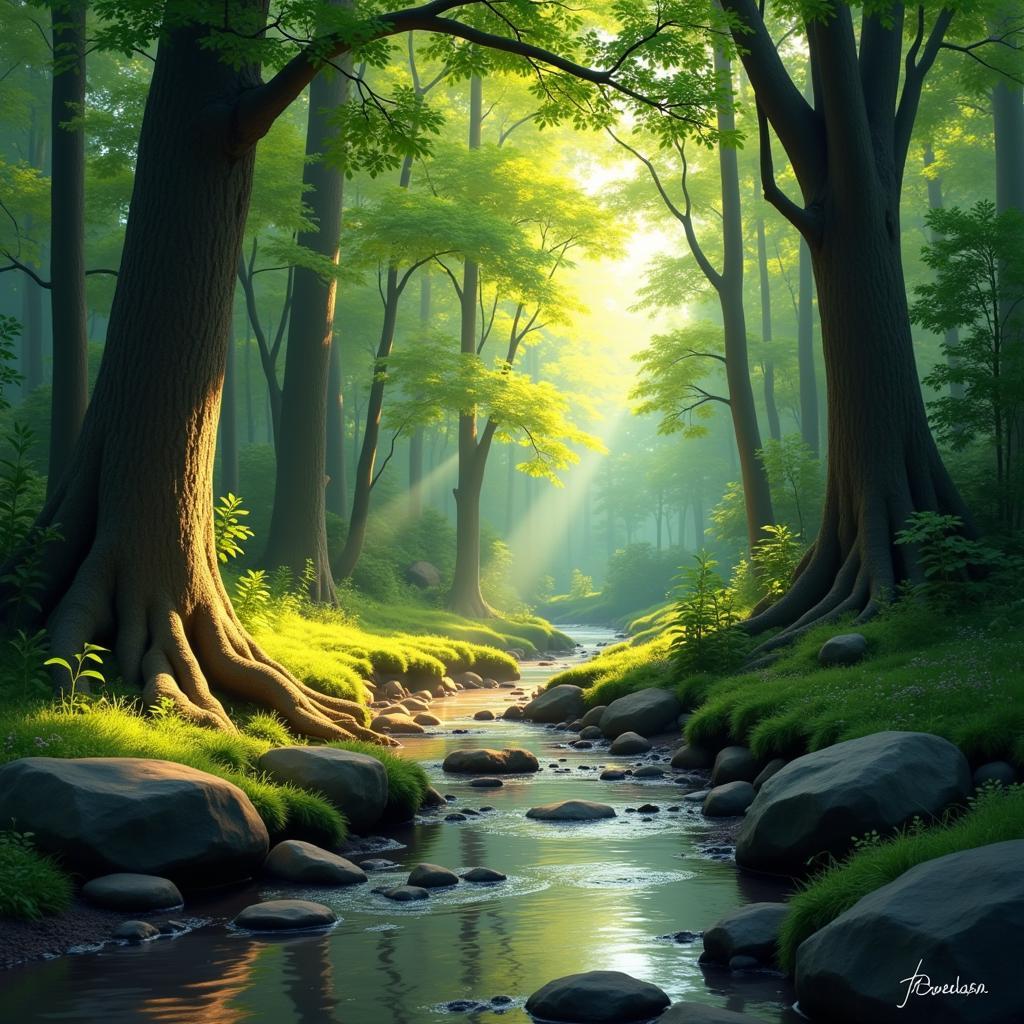 Serenity Prayer Art: Nature-Inspired Digital Painting Featuring a Peaceful Forest Scene