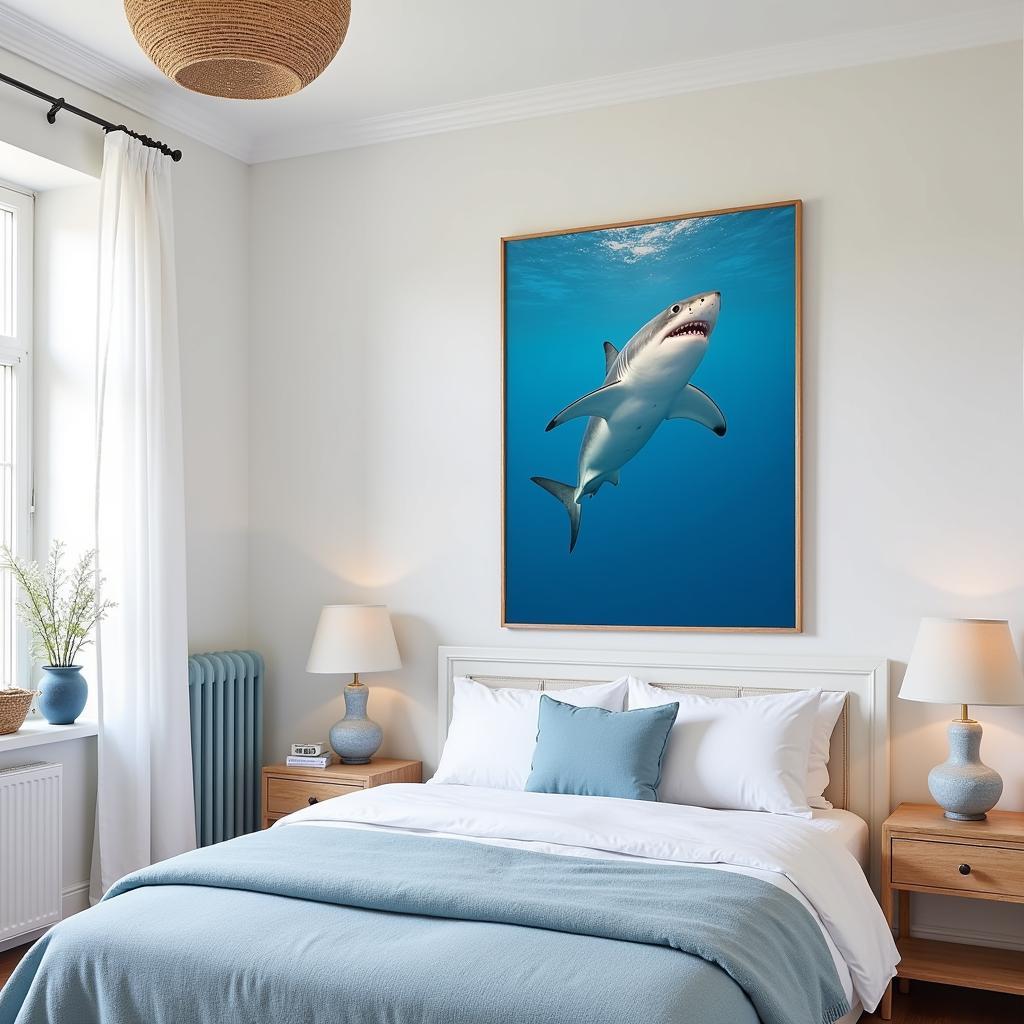 Coastal Themed Bedroom with Shark Canvas Wall Art