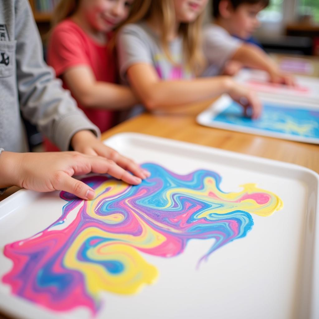 Preschoolers Creating Marbled Art with Shaving Cream