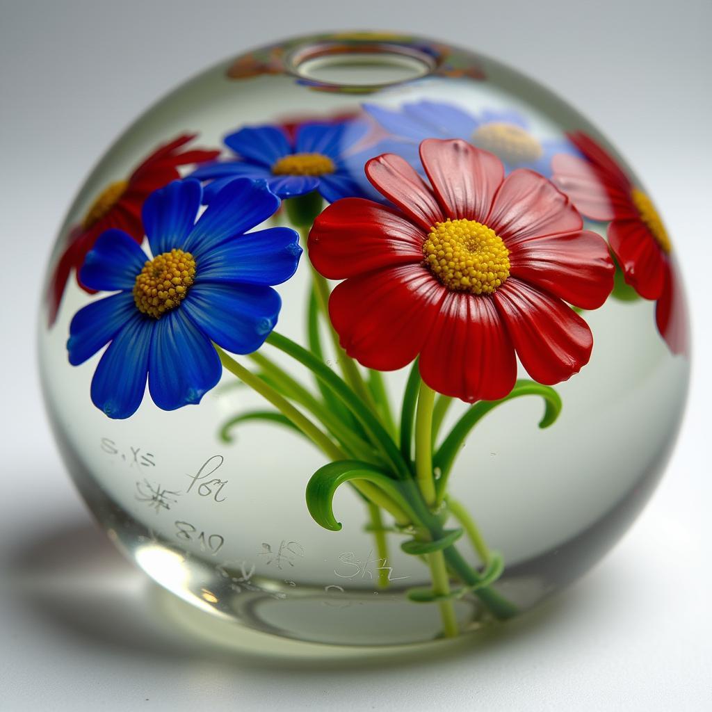 Signed Art Glass Paperweight with Intricate Floral Design