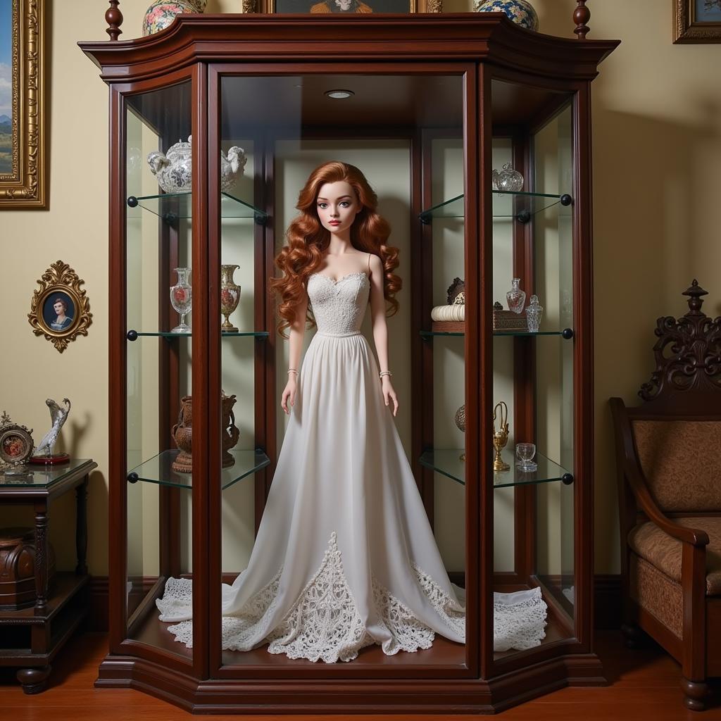 A silicone art doll displayed in a collector's display case