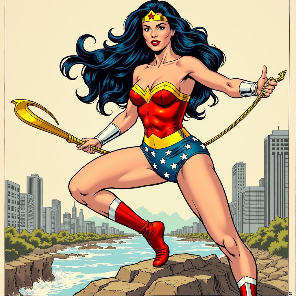 Wonder Woman in her Silver Age costume, illustrated by Ross Andru, demonstrating her agility.