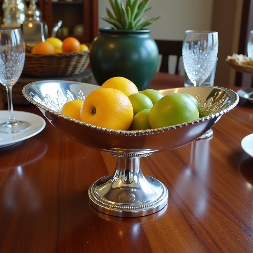 Silver Art Deco Fruit Bowl on Wooden Table