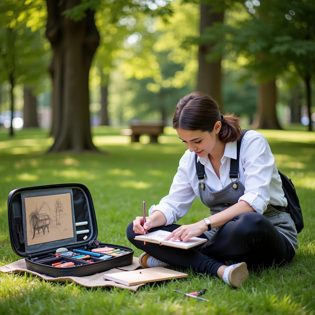 Artist Sketching in Nature with a Small Art Box