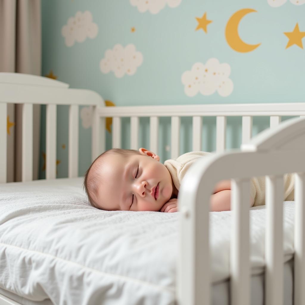 A baby sleeping soundly, surrounded by dreamy illustrations of stars, moons, and clouds. The soft pastel colors create a peaceful and serene atmosphere.