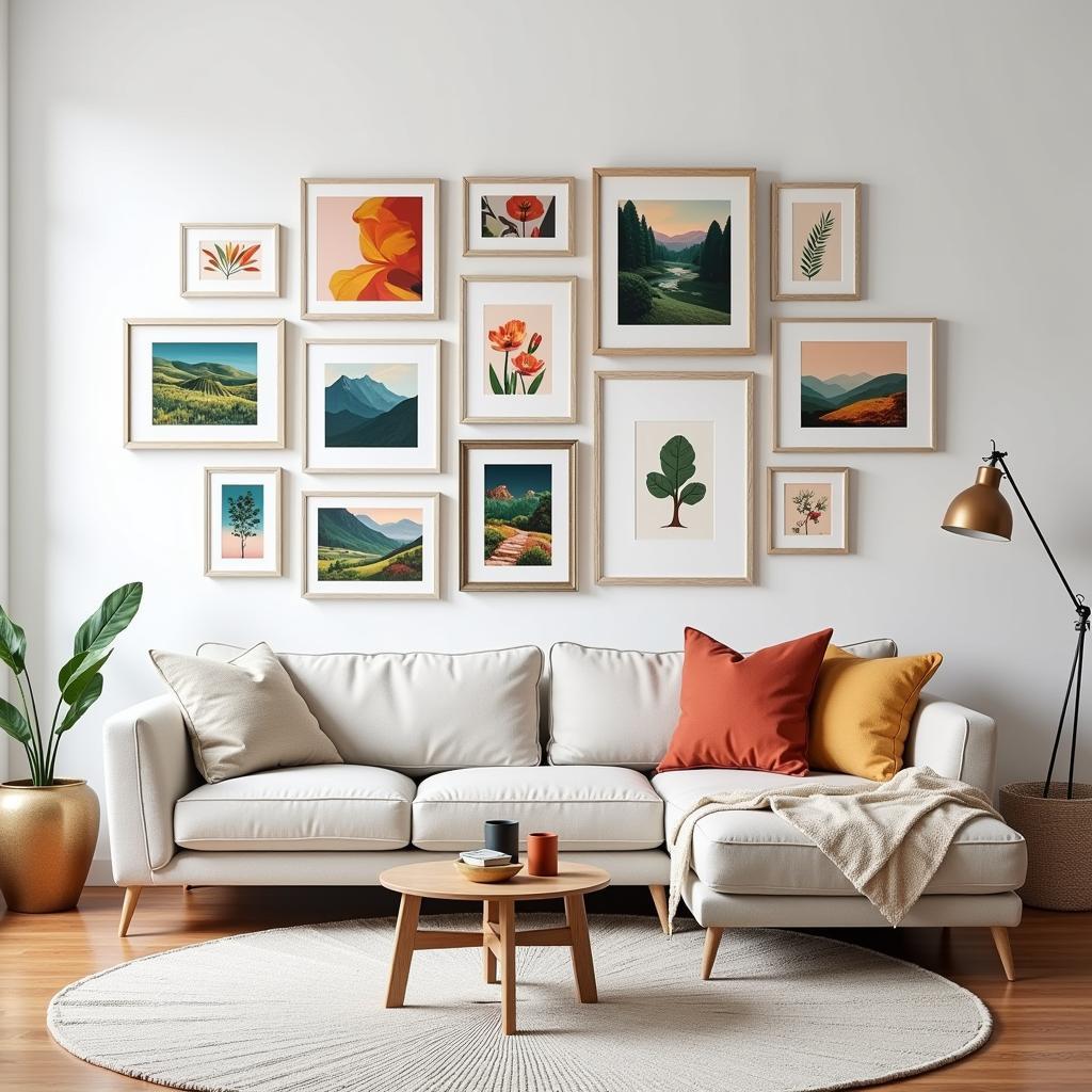 Small Art Print Gallery Wall: A collection of diverse framed small art prints arranged on a gallery wall, showcasing various styles and colors, creating a visually appealing and personalized display.