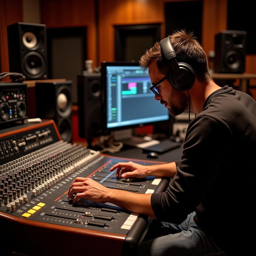 Sound engineer mixing audio tracks in a professional studio