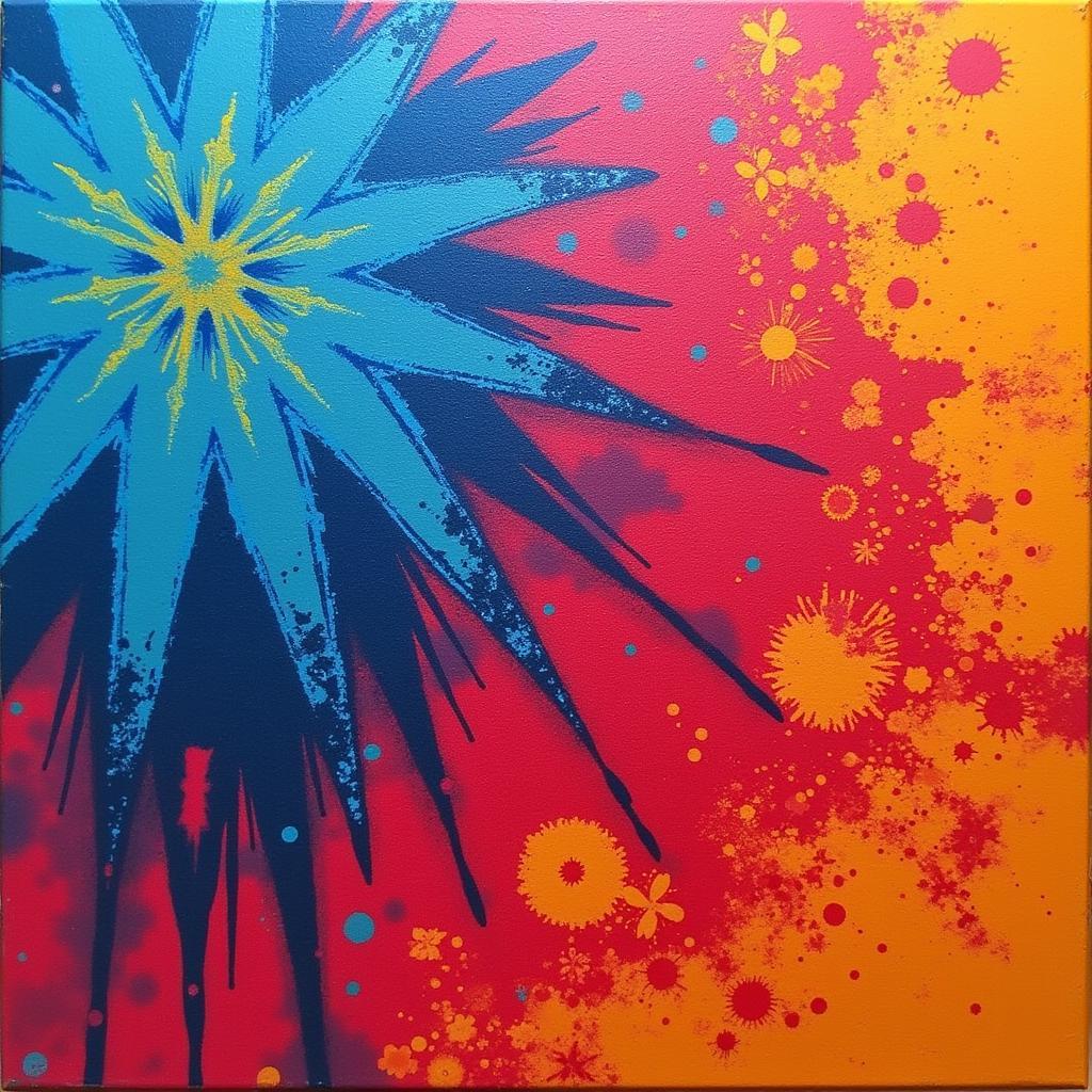 Completed Spray Art Canvas Featuring Layered Colors and Stencil Designs